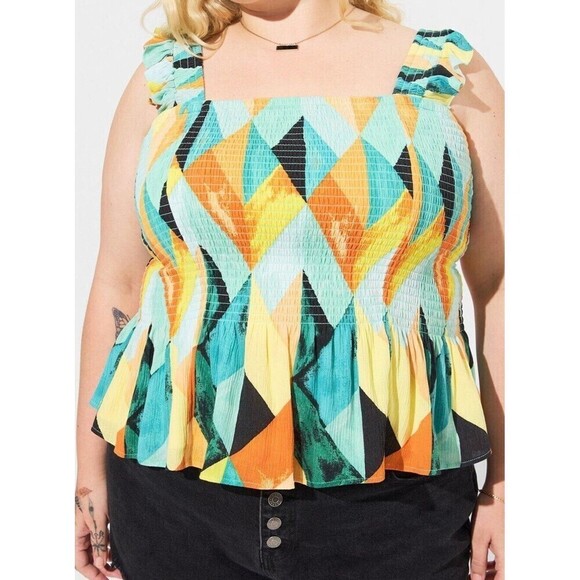 Torrid Peplum Crinkle Gauze Smocked Tank Top Multi Geo Plus Size 3X … - Picture 2 of 12